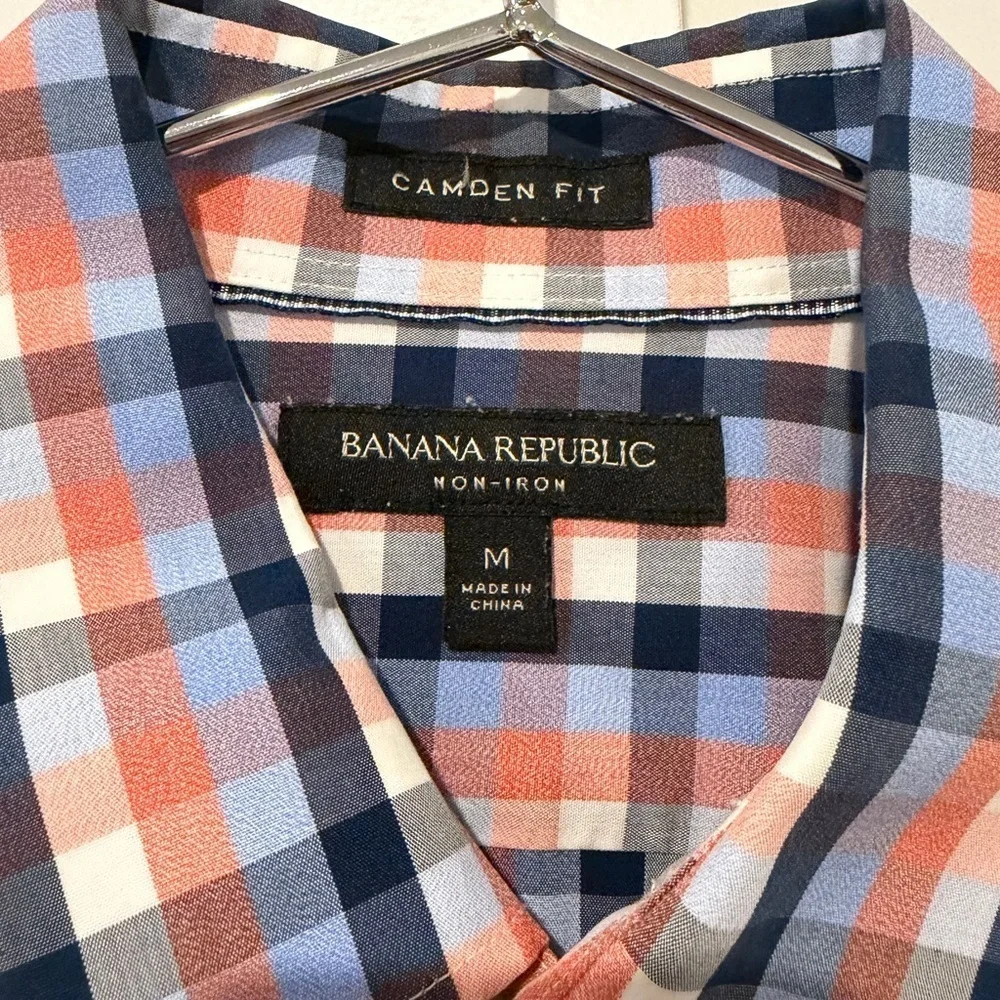 Banana Republic Men's Blue and Orange Plaid Non-Iron Shirt